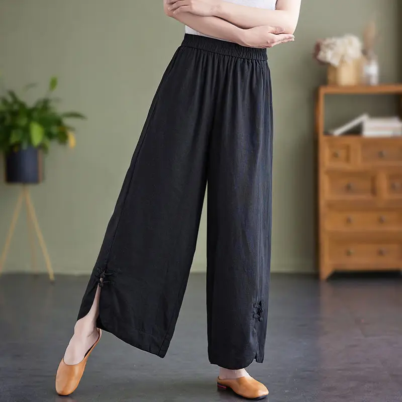 

Ethnic Cotton Linen Elastic Waist Wide Leg Women Summer High Waist Straight Tube Art Retro Loose Solid Color Nine-Minute Pants