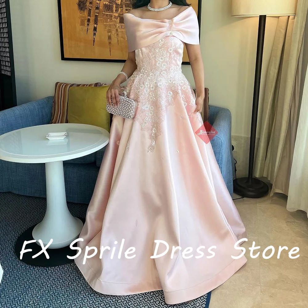 Pink A-Line Strapless Off the Shoulder Satin Sequined Appliques Floor Length Sleeveless Elegant Luxury Evening Dress 2024