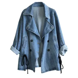 Loose Double-breasted Denim Jacket Women Spring  Autumn Drawstring Coat Lady Casual Tops Fashion Jean Outerwear Windbreaker New