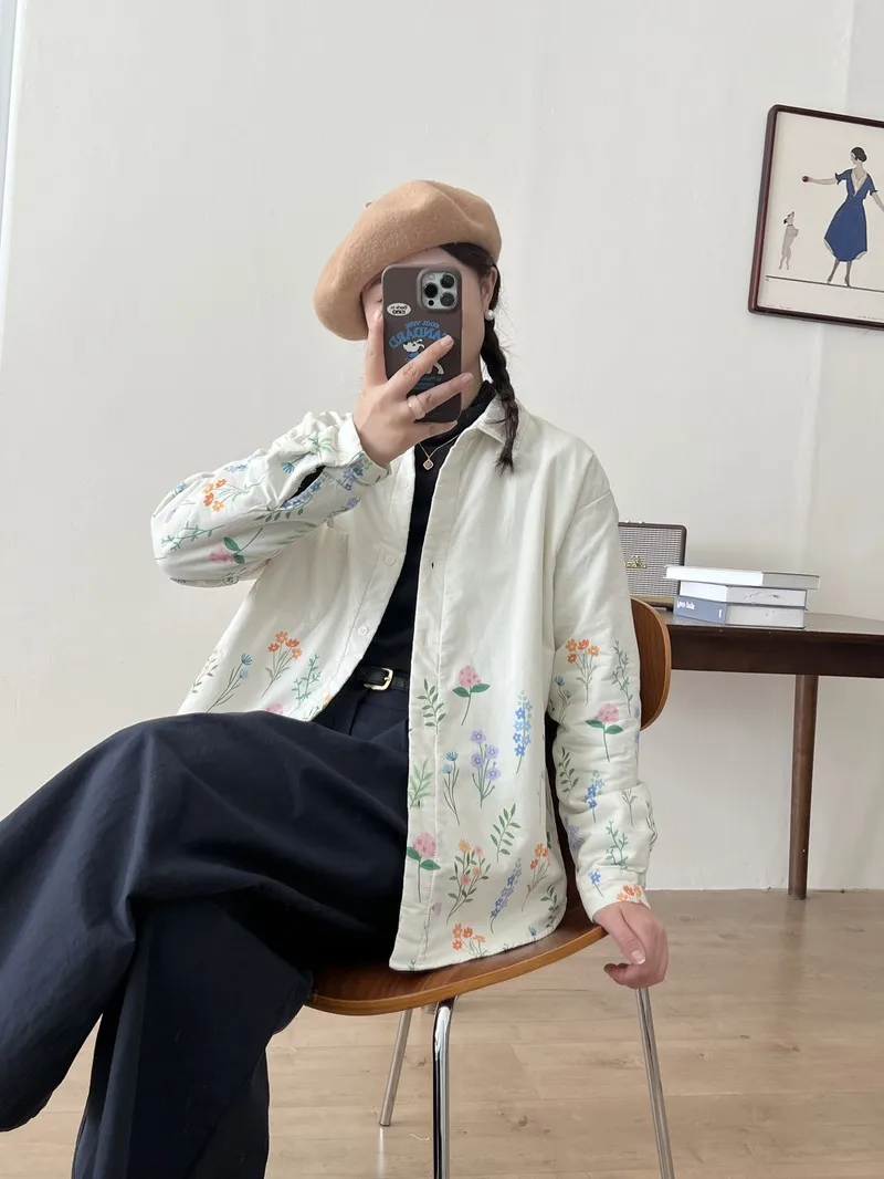 Japanese Sweet Mori Girl Floral Printed Cotton Padded Shirts Women Autumn Winter Long Sleeve Warm Loose Prairie Chic Outerwear