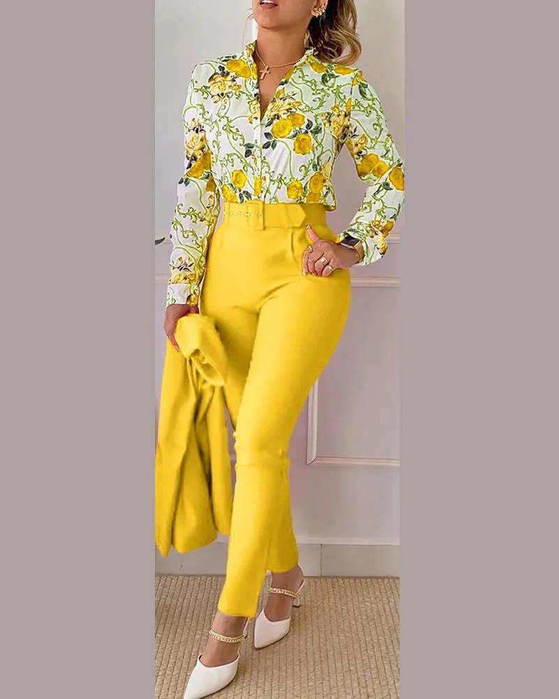 

Two Piece Sets Womens Outifits 2023 Spring Fashion Print Turn-Down Collar Long Sleeve Top & Casual Solid Color Long Pants Set