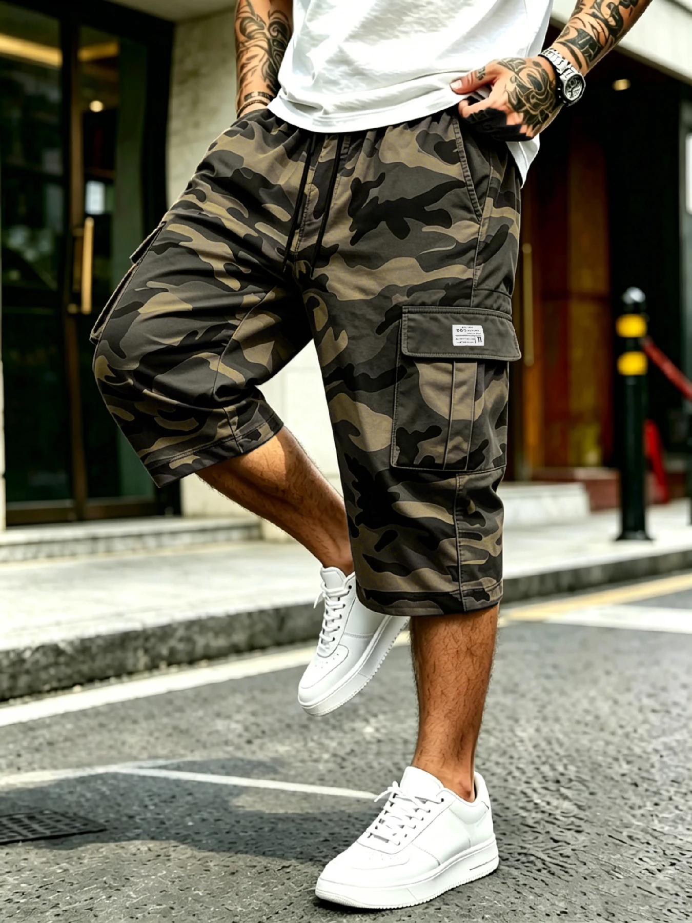 Amerikanische Streetwear-Cargo-Capri-Shorts für Herren, elastischer Kordelzug in der Taille mit mehreren 3D-Cargotaschen, lockere, gerade Passform für Al – Detail 11