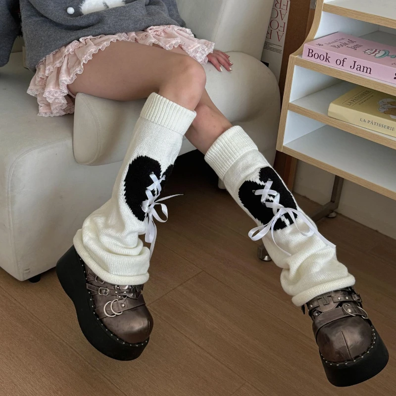 Autumn and Winter Warm Knitted Foot Cover Leg Warmers Heart Print Y2k Girls Knee Socks Stockings Bandage Bow Lolita Leg Warmers