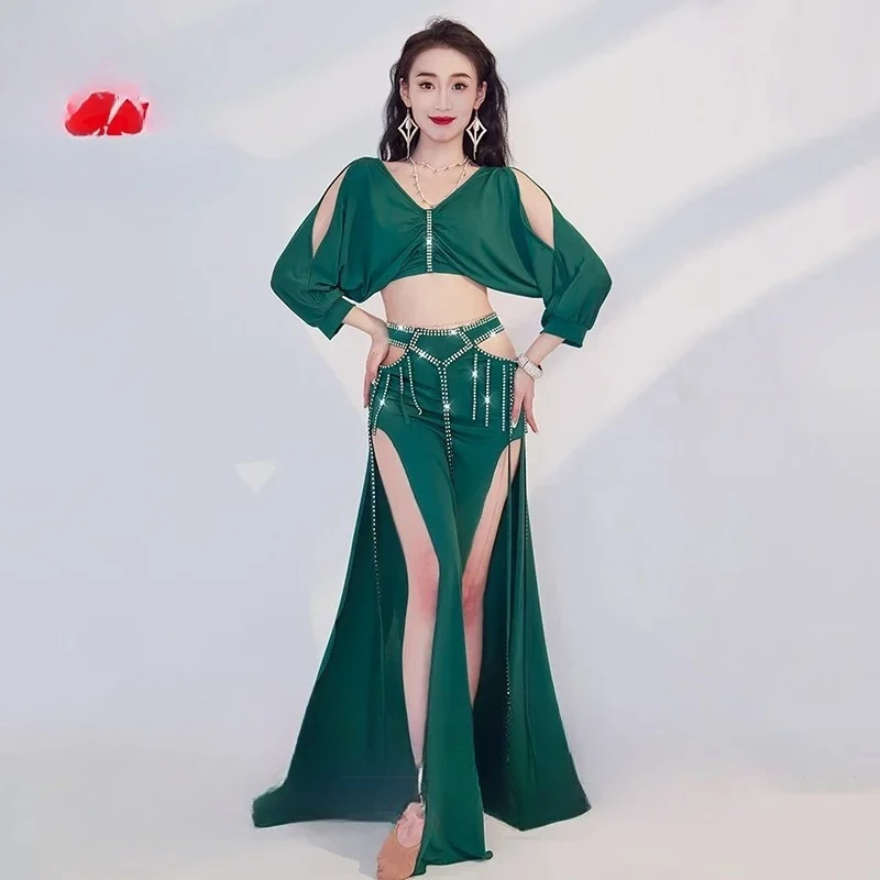 Top de media manga para mujer + falda larga con piedras AB, 2 uds., traje de danza del vientre Oriental para niña, conjunto de traje de actuación de danza del vientre