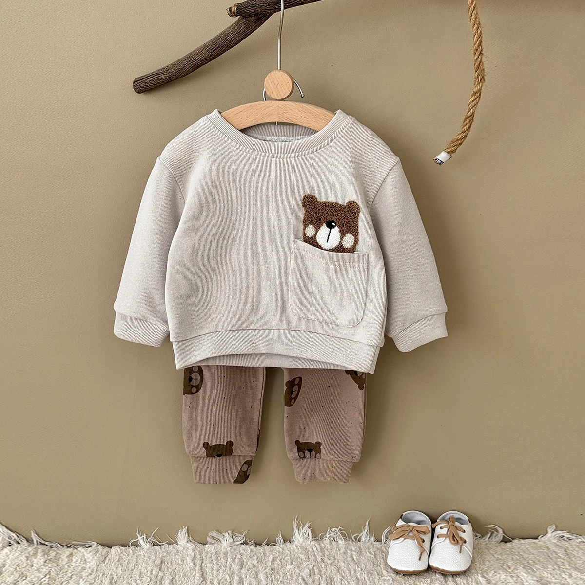 Unisex Baby Bear Pocket Outfit Set, Long Sleeve Waffle Sweatshirt + Bear Print Pants Soft Toddler Spring 2Pcs Clothes