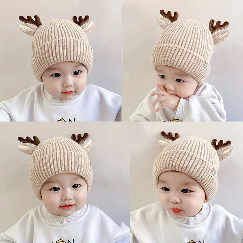 Cartoon Deer Baby Beanie Cap Solid Color Elk Antlers Knitted Hat for Toddler Boy Girl Autumn Winter Warm Kids Pullover Hats