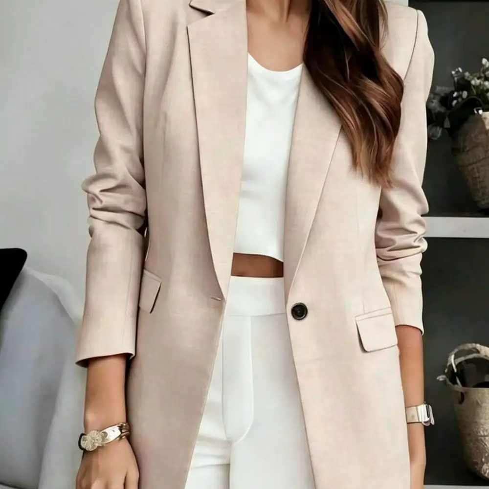 Formal Women Blazer Casual Loose Fit One Button Suit Jacket Elegant Long Sleeve Office Lady Workwear Fashion Outwear