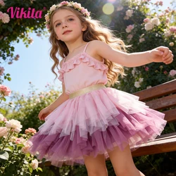VIKITA Girls Tutu Skirts Kids Performance Birthday Party Ballet Mini Skirt Girls Irregular Mesh Layered Cake Skirts Kids Clothes