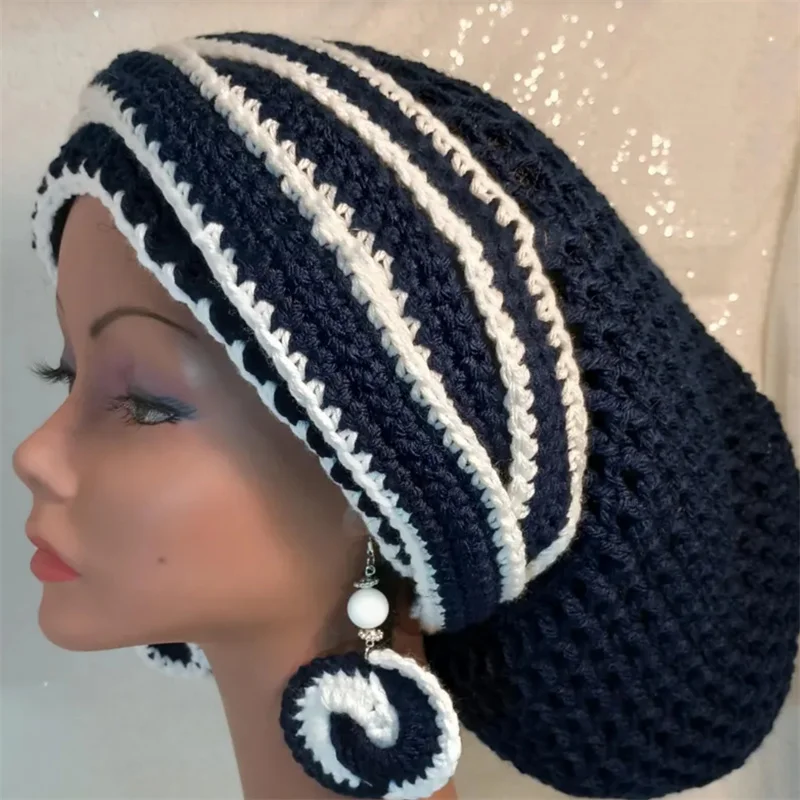 Crocheted dreadloc hat navy blue with white beanie women girls slouchy rasta hat for chest to waist length hair decoration hat