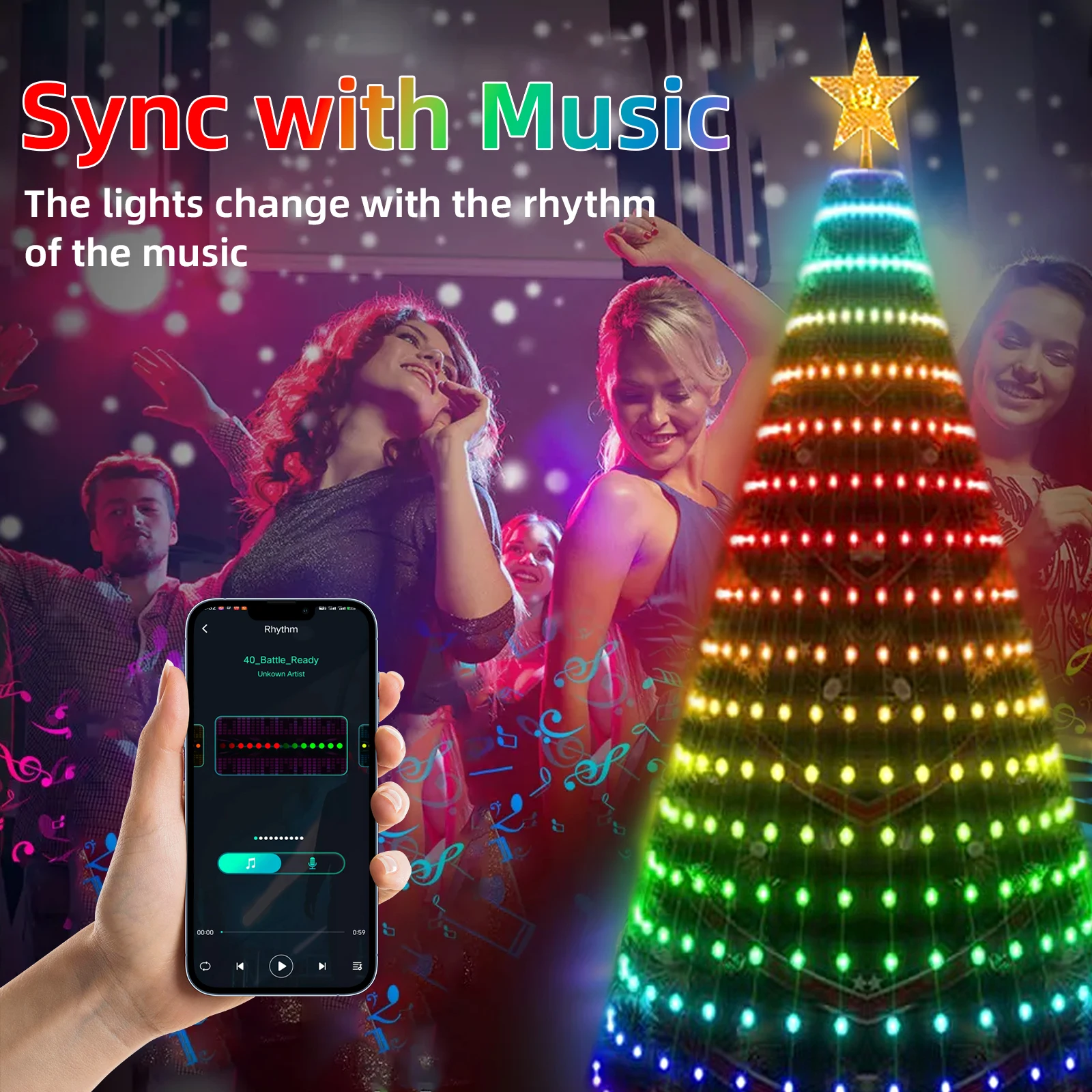 Imagem -03 - Smart Rgb Christmas Tree Lights Fairy Led Star Strings Waterfall App Bluetooth Music Rhythm Lights Xmas Holiday Decor