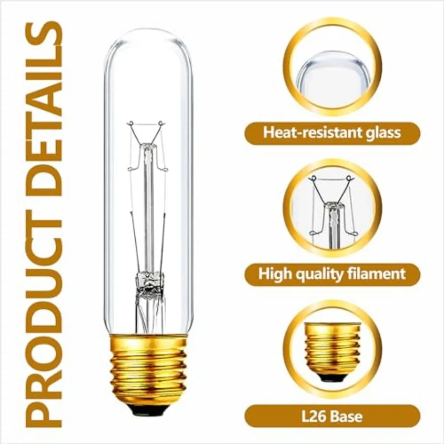 25 Watt T10 Clear Tubular Incandescent Light Bulb, T10 Bulb, Vintage Style Showcase Bulb, Showcase lamp, Dimmable for Desk Lamp