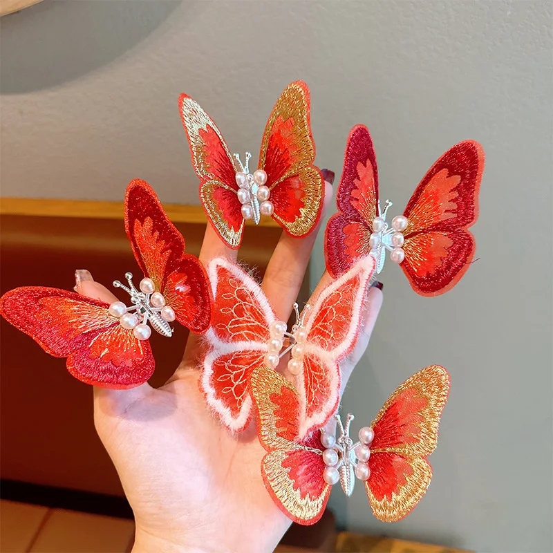 2024 New Chinese Red Embroidery Hairpin Moving Butterfly Side Clip Children\'s Sweet And Cute Hair Accessories