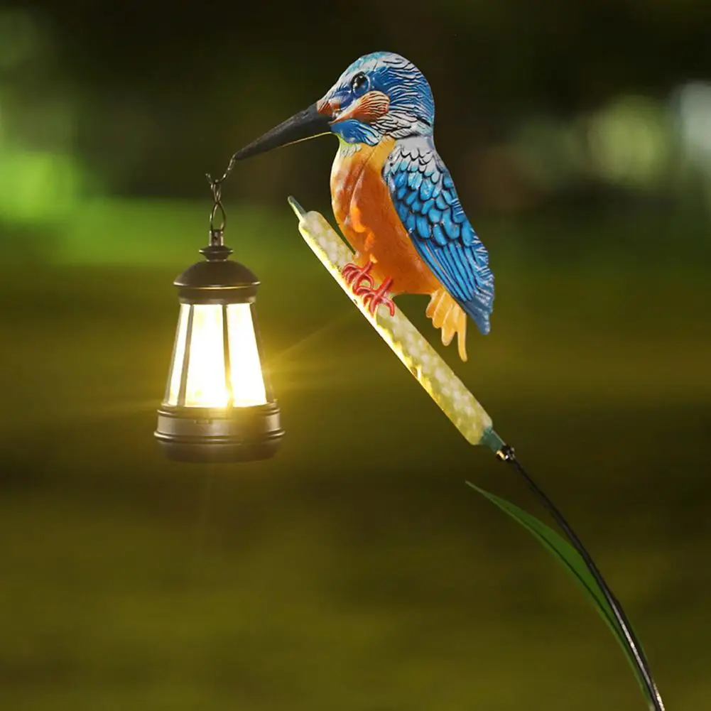 Warm Yellow Solar Light Garden Bird Solar Light with Hummingbird Kingfisher Design Outdoor Solar Lantern Stake for Yard