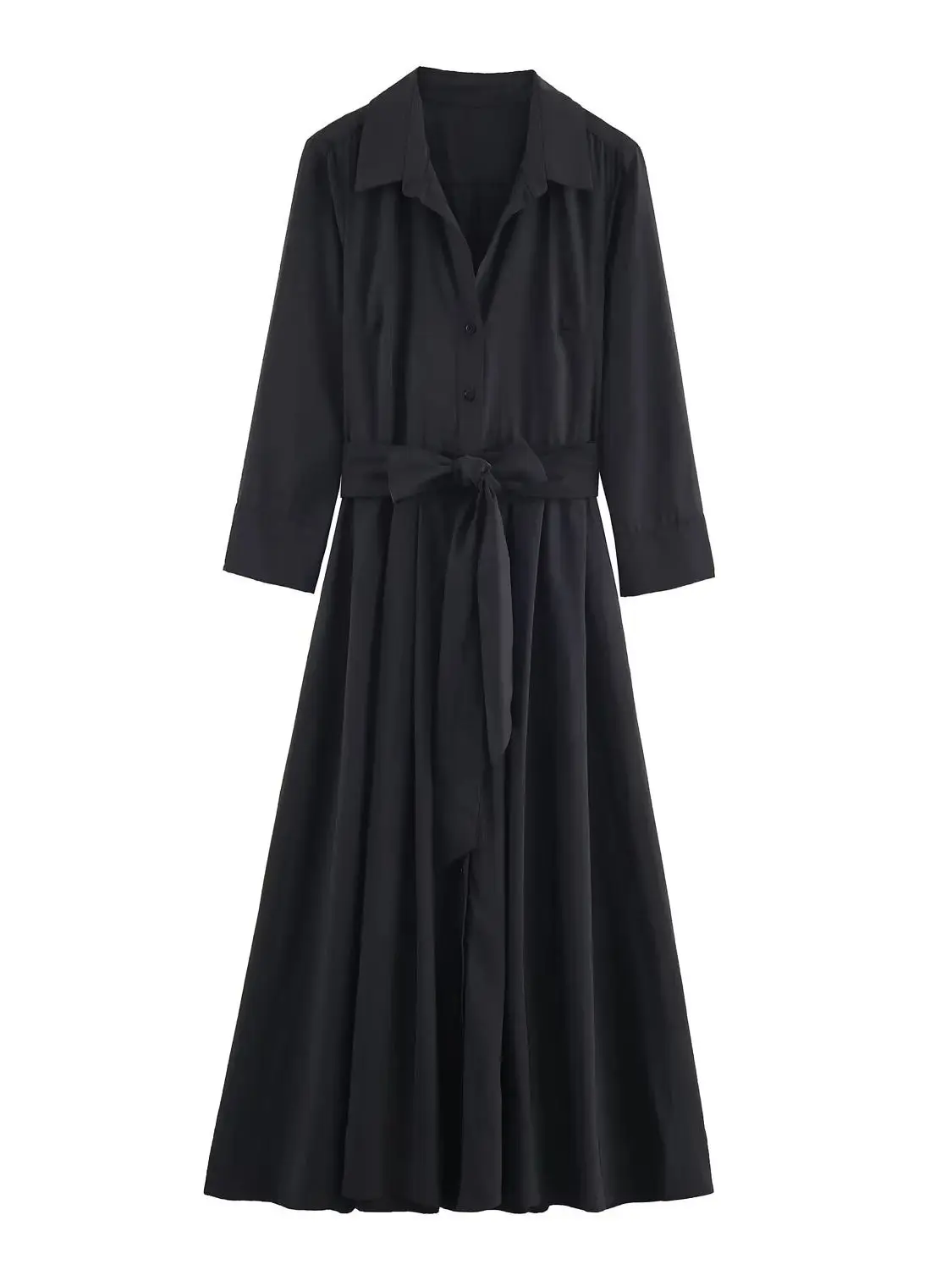 Franse retro revers enkele rij knopen taille cinched shirt met lange mouwen stijl MIDI jurk lange rok dames herfstoutfit 2025, - afbeelding 2
