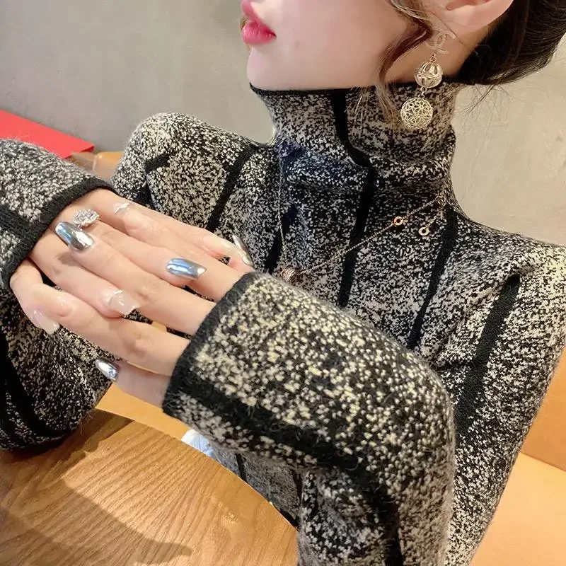 

2024 Autumn/Winter High Collar Long Sleeve Sweater Casual Bottom Shirt Fashionable Office Lady Leisure Women's Knitwear Top E687