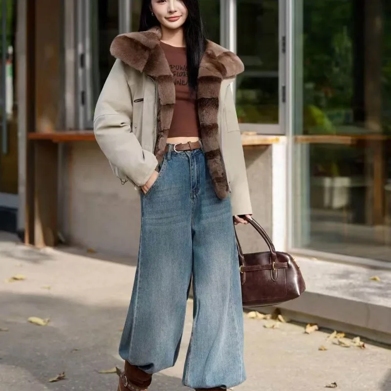 2026 new style Rex Rabbit Fur Collar Fur Goose Down Parker Young Fashion Temperament Jacket fur coat