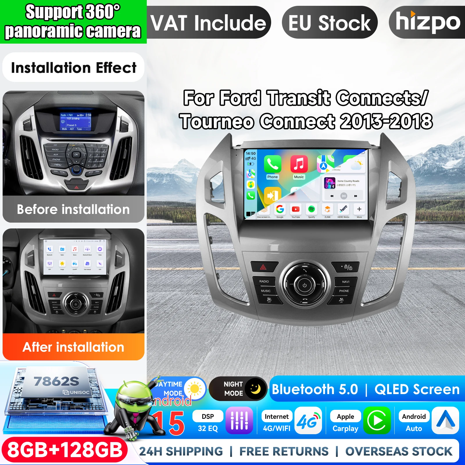 Hizpo Android Auto Autoradio für Ford Transit Connect 2013-2018 für Ford Tourneo Connect Multimedia Wireless Apple CarPlay Intelligente Systeme IPS Touchscreen Stereo-Videoplayer 2 Din Autoradio Head