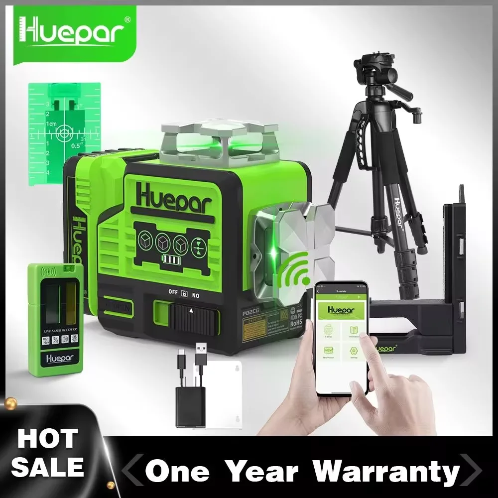 Huepar 2 x 360 Cross Line Self-leveling Laser Level Green Beam outdoor Bluetooth Control with Receiver Tripod & Li-ion Battery