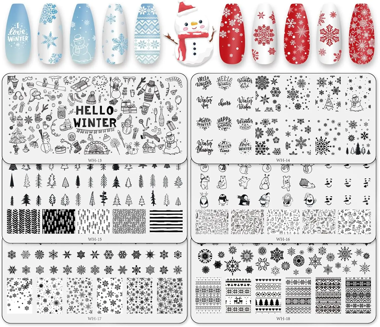 

Winter Nail Art Stamping Plates Kit with Snowman Snowflake Pine Tree Patterns for DIY Manicure