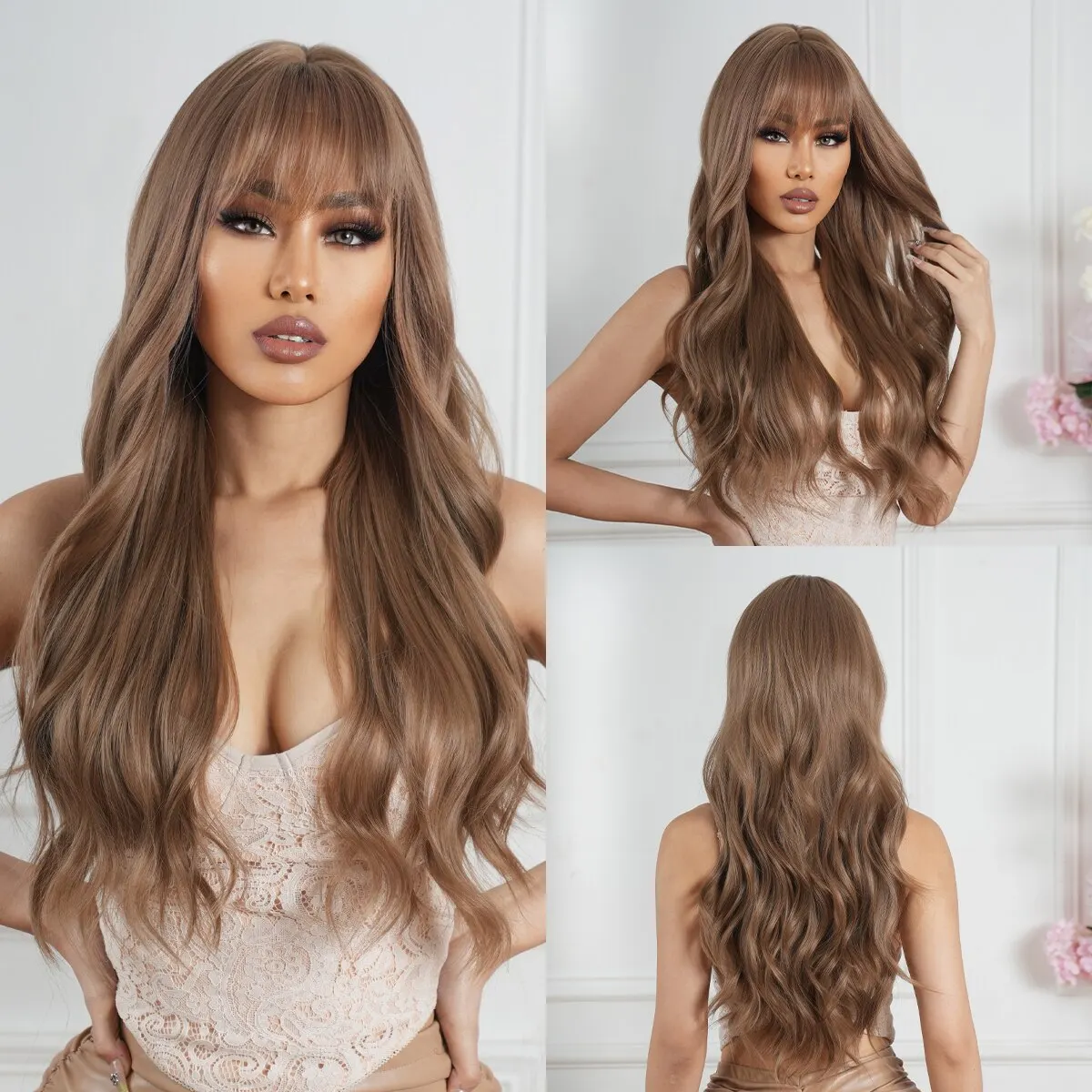 Lange braune synthetische Haar perücken mit blonder Highlight perücke mit Pony für Frauen natürliche gewellte Perücke hitze beständige Cosplay Perücke