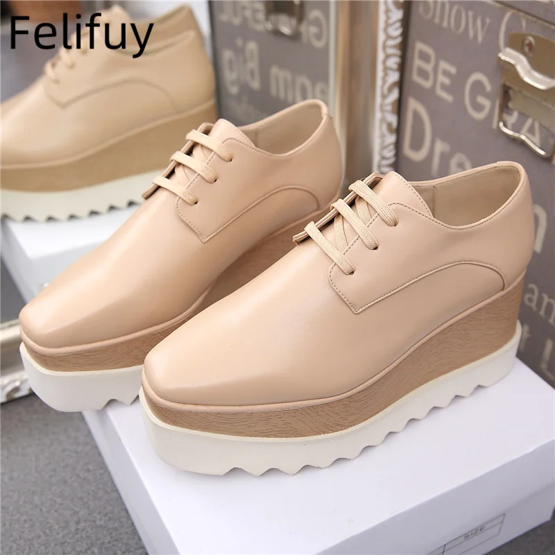 Real Leather Stars Fashion Women Sneakers Thick Bottoms Waterproof Wedges Lady Loafers Square Toe Increased Platform Casual Shoe