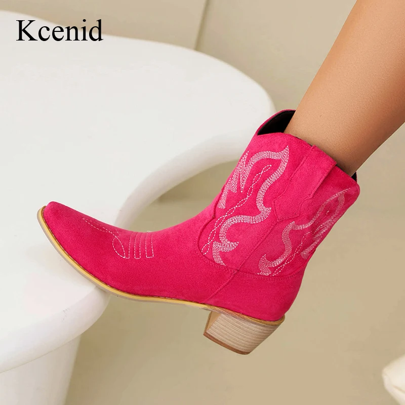 

Kcenid New Ladies Vintage Western Ankle Boots Fashion Embroider Chunky Heel women's Cowboy Boots Autumn Winter Woman Shoes