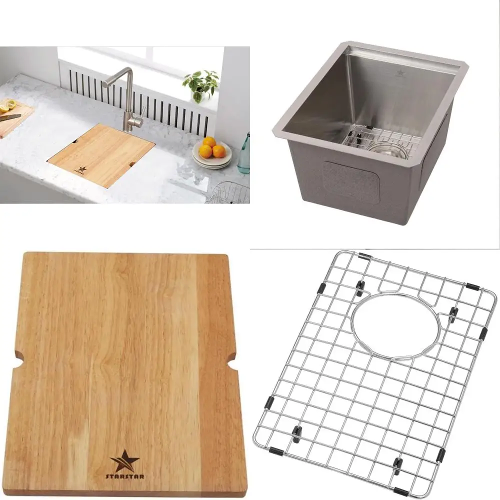 

Single Bowl Stainless Steel Kitchen Sink, Undermount Design, 15x19x10, Grid and Cutting Board Included, 304 Grade Steel, Ledge S