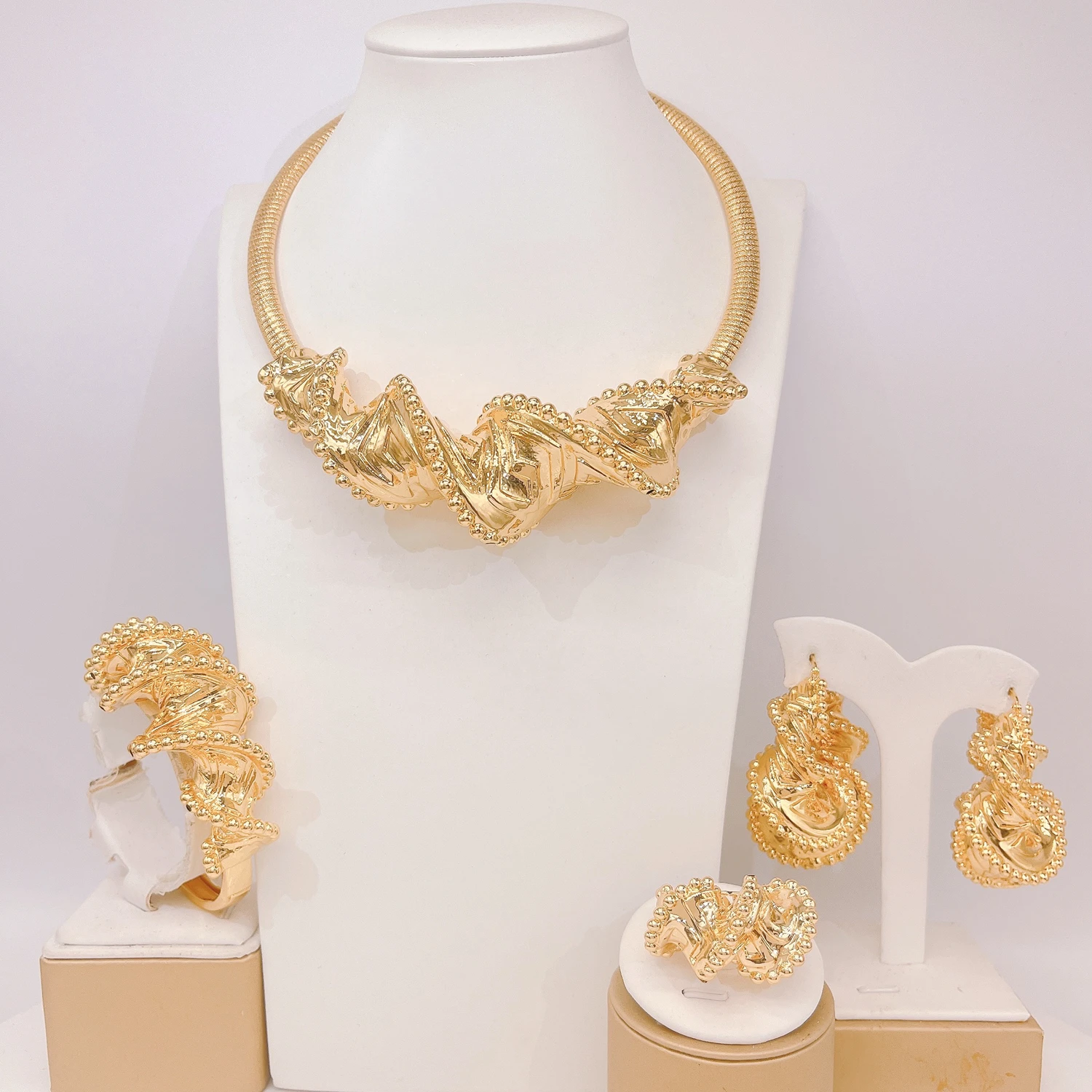 

Yulaili Gold Plated Jewelry Set Exaggerated Twisted Necklace Earrings Bracelet Ring for Party Wedding Evening HK0053