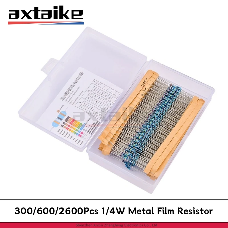 

300/600/2600pcs 1/4W Metal Film Resistor 30/130 Values Resistance Kit 1Ω-3Mohm 0.25W 1% Resistors Set 10K 22ohm 33R 4.7K 5K1 1M