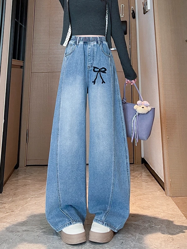 High Waist Loose Fit Wide Leg Denim Jeans Embroidered  Knot Women's Casual Pants Cotton Blend Non-Stretch Fabric