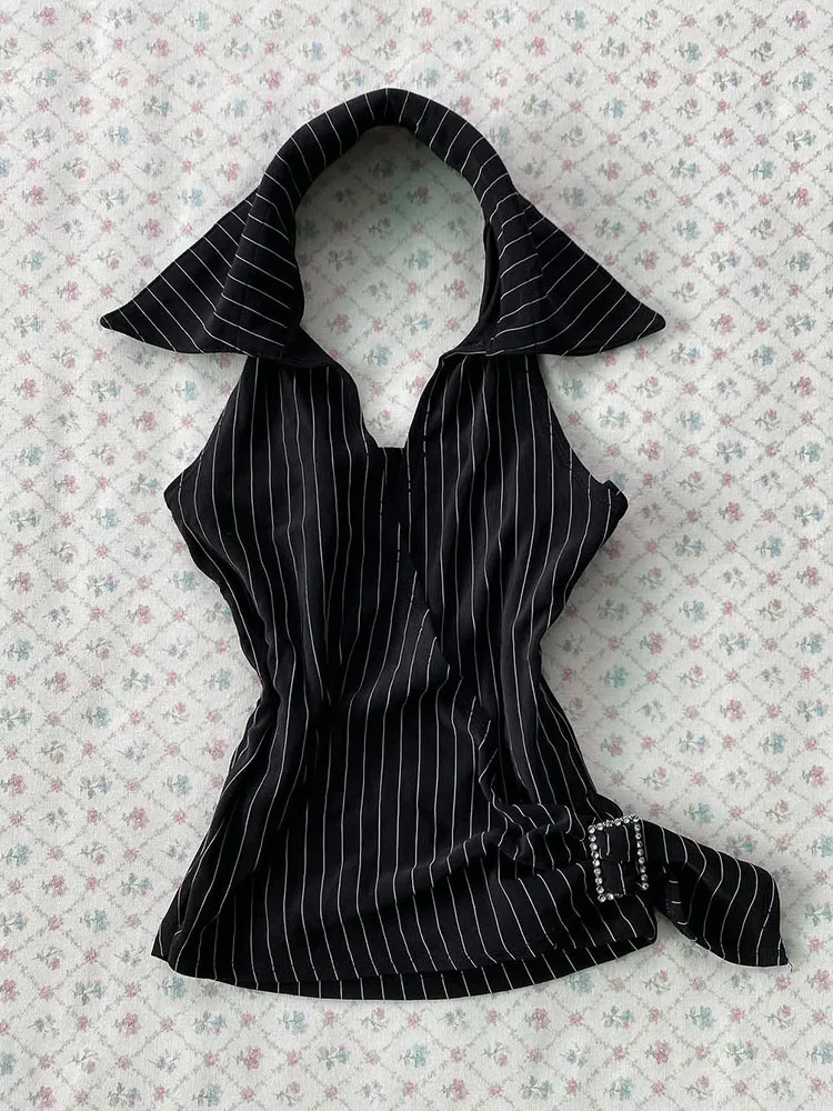 

Gothic Rose Original Retro Sexy Bla Stripe Nelace Vest Beautiful Slimming Small Top for Young Women Commute Sle Cotton ...