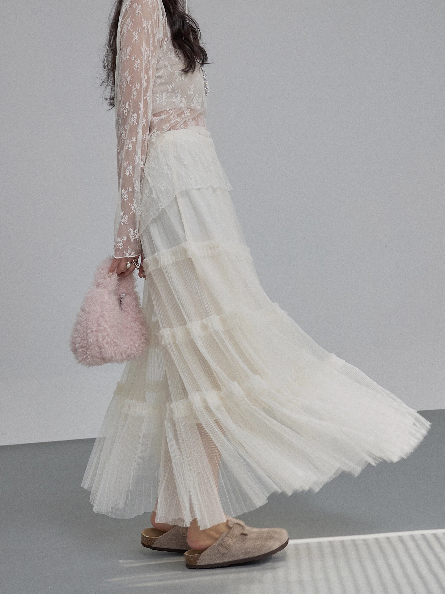 

Soloki Korean Sle Sweet Wooden Large Skirt f Skirt Fairy Aosphere Simple Matched Pleated Creased Me f Skirt