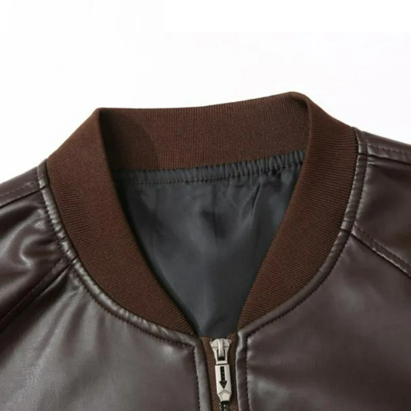 KIDWHXR Men Leather Jacket Thicken Fleece Windproof Waterproof Man Outerwear Punk Stand Collar Long Sleeve Zipper Male Coat