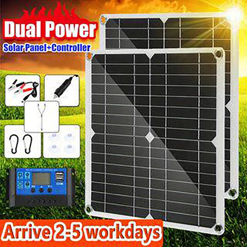 2Pcs 12V-18V solar panel kit with 60A controller USB and 5V solar charger solar panel, used for car, boat, outdoor RV, camping