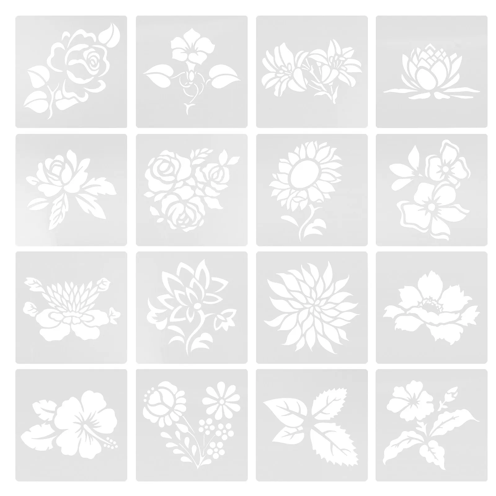 16Pcs DIY Floral Stencil Set Hand-Drawn Intricate Flower Plant Designs Reusable Plastic Stencils for Painting Crafts Decor