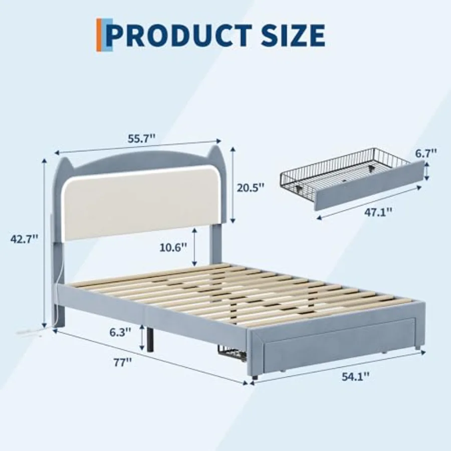 Platform Bed Frame with Storage Drawer and Cat Headboard, RGB LED Lights, Sturdy Wood Slats, Noise-Free Design, No Box Spring N