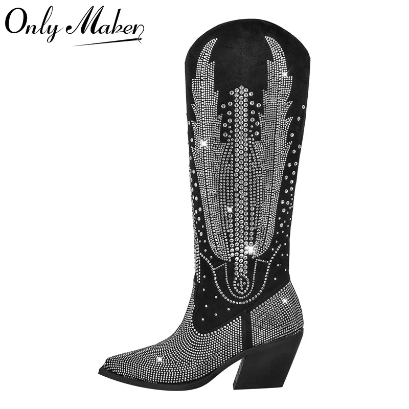 Onlymaker Women Black Knee High Rhinestone Boots Western Cowboy Boots Glitter Bling Shiny Block Heel Handmade Boots