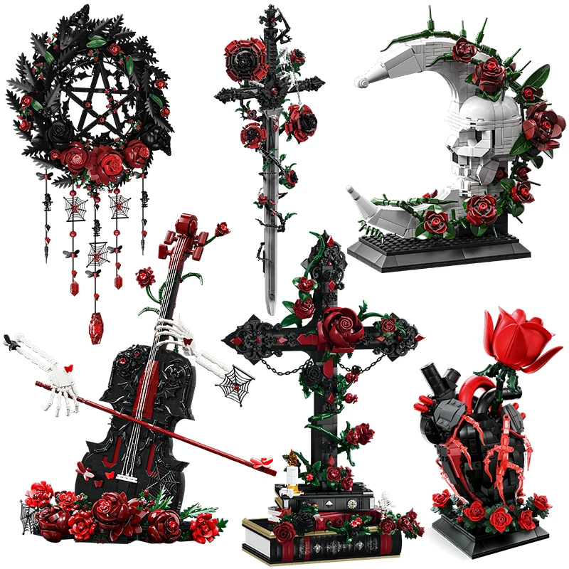 

Creative Gothic Skull Moon Rose Skull Hand Melody Thorn Cross Building Blocks Black Thorn Sword MOC Bricks Decoration Toys Gift