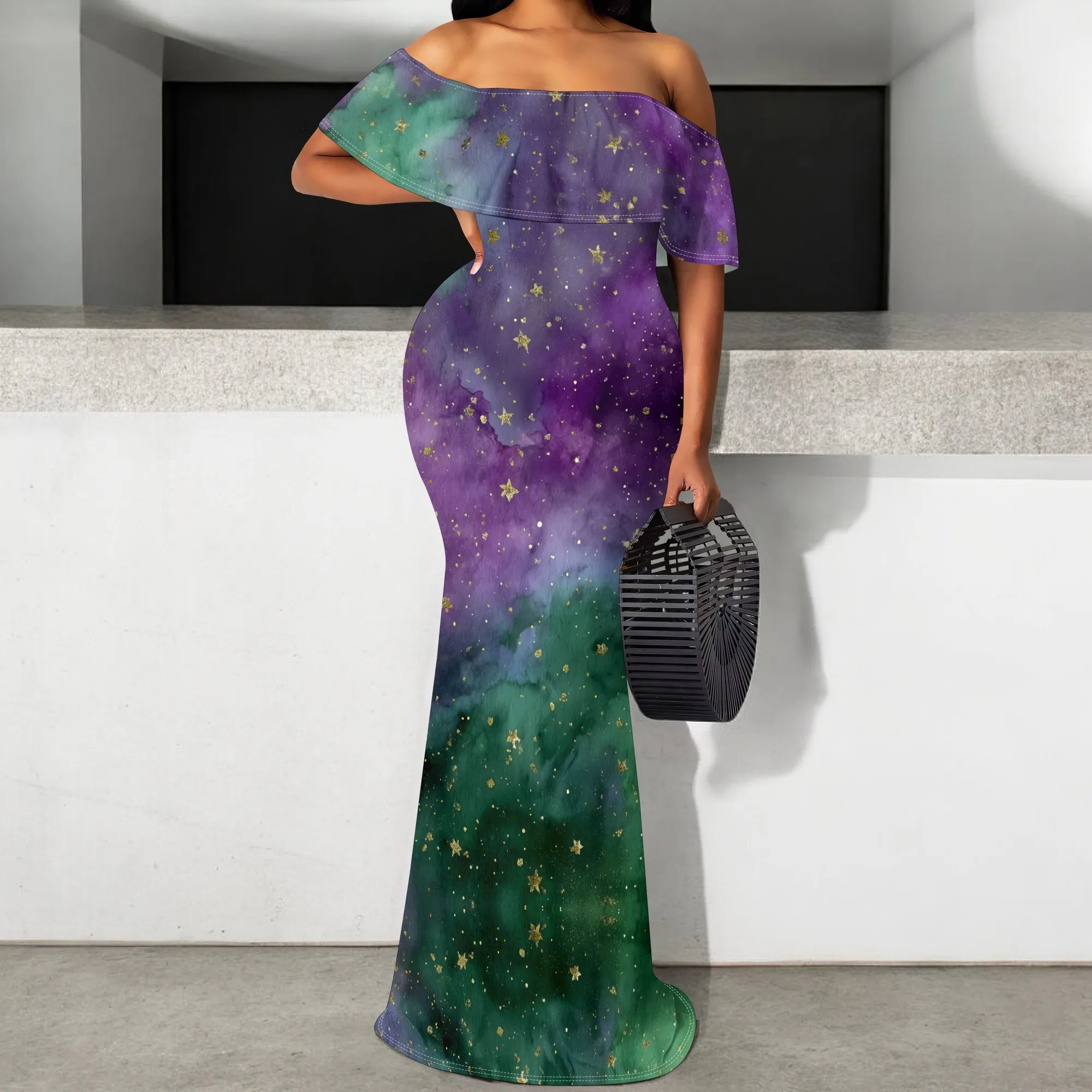 

"Off-Shoulder Sequin Maxi Dress – Purple & Green Glitter, Evening Party & Gala, S-3XL"