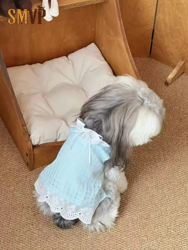

Original Summer Breathable Sunscreen Fresh Light Blue Plaid Lace Vest Small and Medium Pet Clothes Pet Clothes Dresses