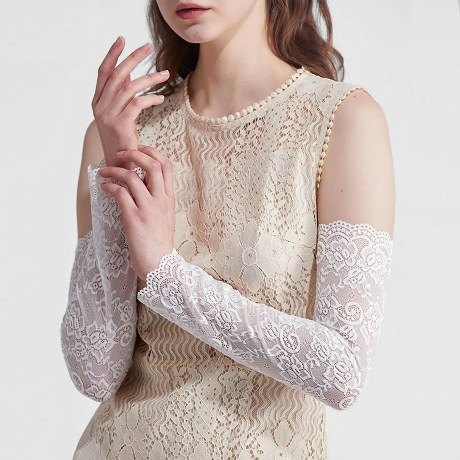 

1 Pair White Floral Lace Arm Sleeves, UV Protection Long Sheer Lace Sun Protection Covers, Elegant Hollow Arm Cuffs for Driving Wedding Party Women
