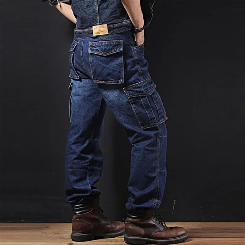 Men Tactical Cargo Jeans Casual Multi Pockets Denim Pants Loose Straight Leg Oversized Trousers Wear-resistant Outdoor Overalls