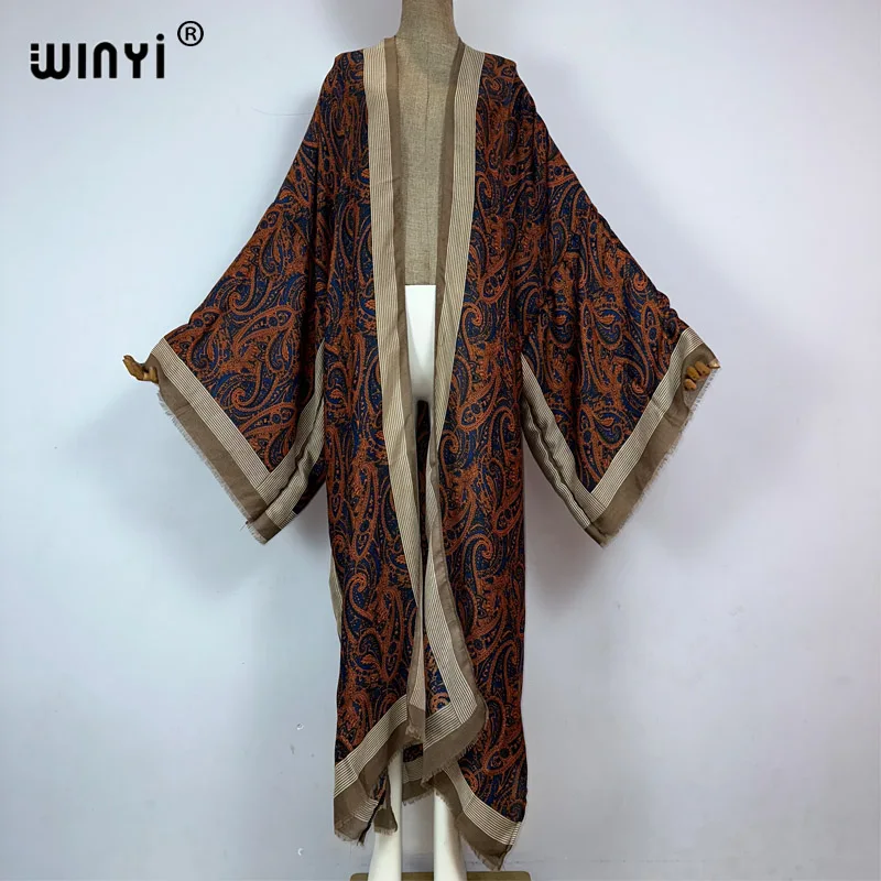 WINYI kimono osłona do Bikini-up elegancki strój plażowy dla kobiet klasyczne z nadrukiem w łezkę bawełniane uczucie vestidos para mujer sukienka