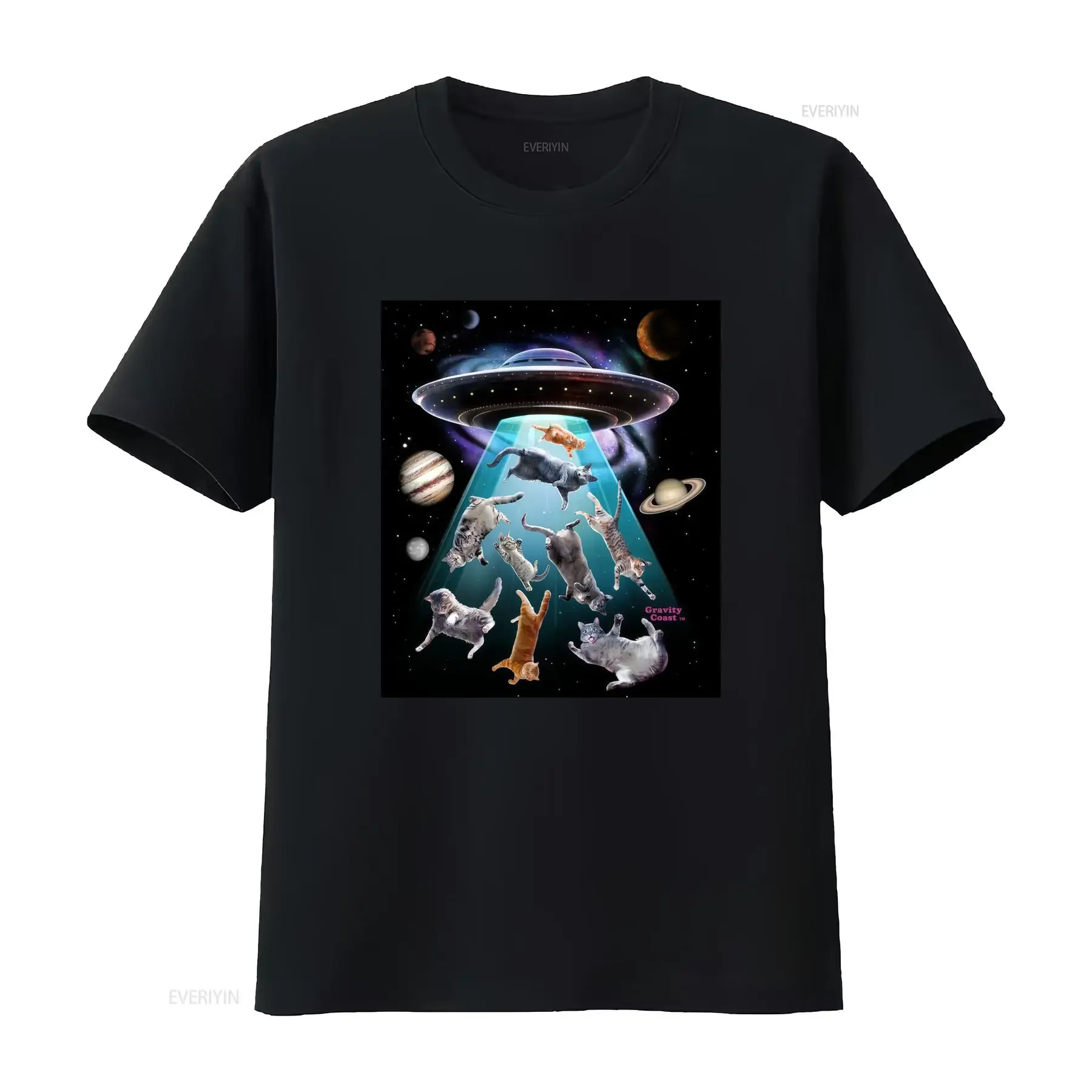 Aliens Secuestrando Gatos en Disco Volador UFO Espacio Cósmico Camiseta Casual de Cuello Redondo Tejido Ligeramente vintage