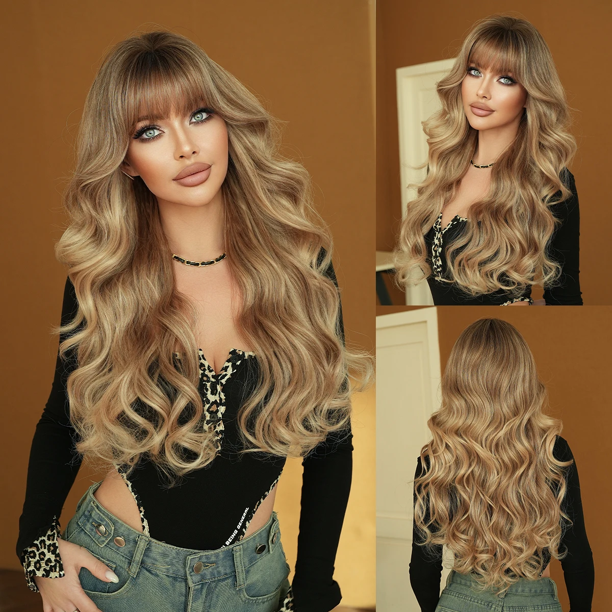 NAMM Synthetic Body Wavy Light Brown Wig for Women Daily Party Long Loose  Blonde Hair Wigs with Curtain Bangs