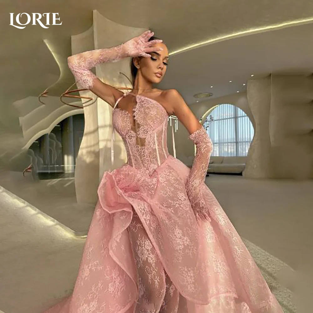 LORIE فساتين سهرة متواضعة من الكريب أنيقة من الدانتيل بكتف واحد وطيات حورية البحر العربية فستان حفلات مكشكش حسب الطلب