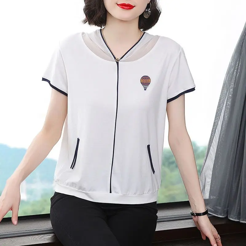 Women\'s Summer New Fashionable Commute Hooded Printed Spliced Zipper Loose Short Sleeve Pure Cotton Casual T-shirts Coats Tops