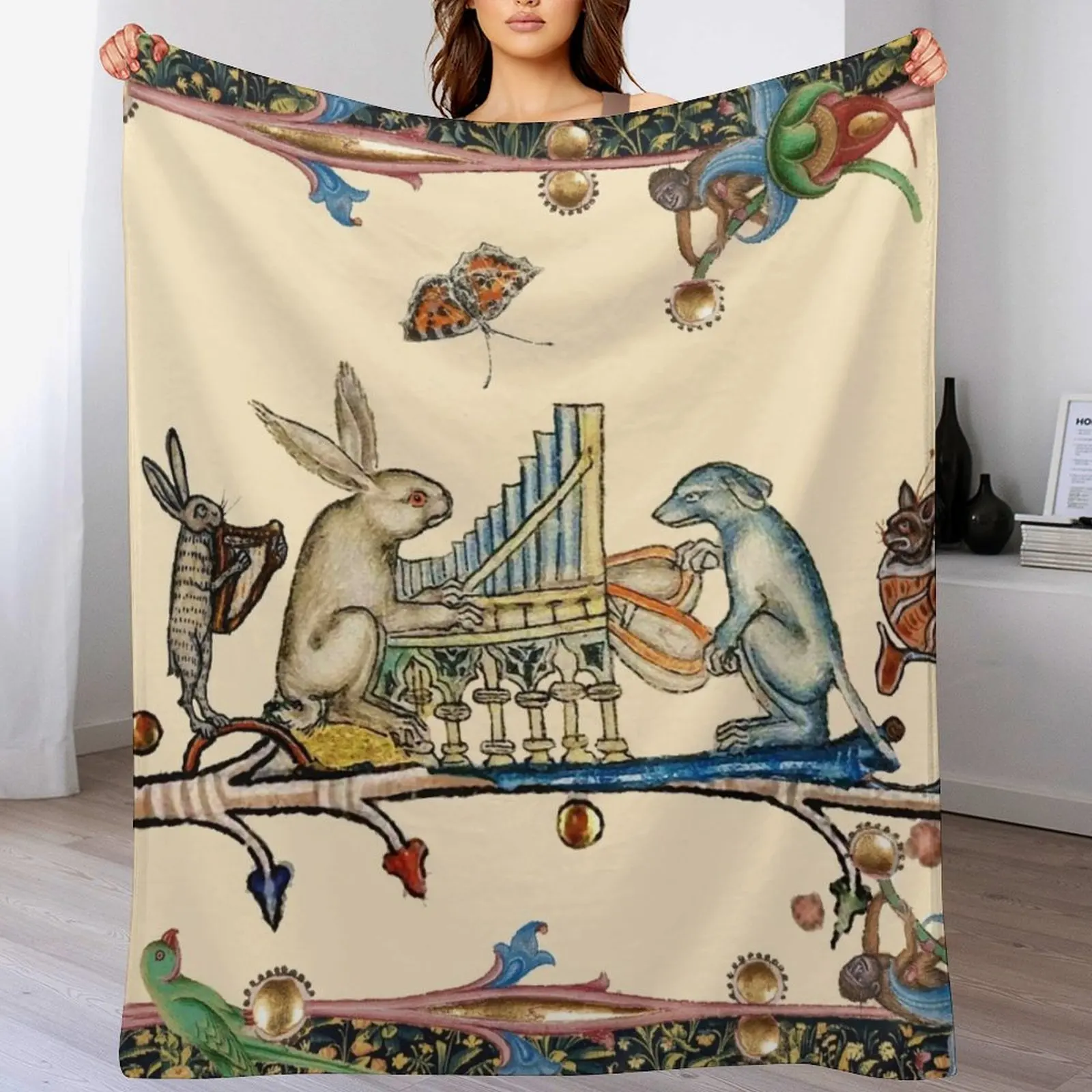 WEIRD MEDIEVAL BESTIARY MAKING MUSIC,White Rabbit And Dog Playing Organ,Harpist Hare,Snail Cat Throw Blanket Warm Blankets