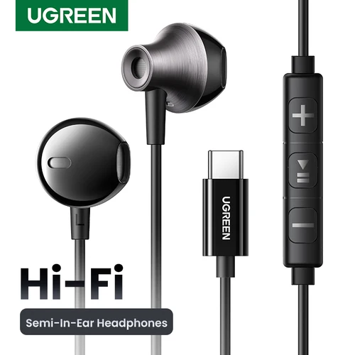 UGREEN Auriculares semiabiertos con cable USB tipo C de 3,5 mm con micrófono, auriculares con cable, auriculares estéreo HiFi, para la mayoría con conector de 3,5 mm
