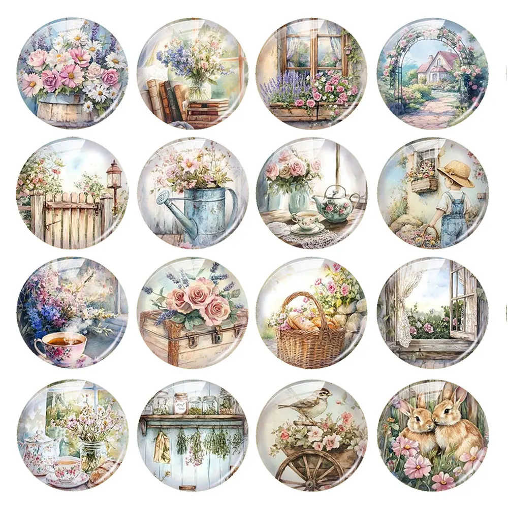 Handmade Spring Flower Rabbit Bird Bunny Plants Round Photo Glass Cabochon Flatback Demo Flat Back Cameo For Diy Jewelry Making